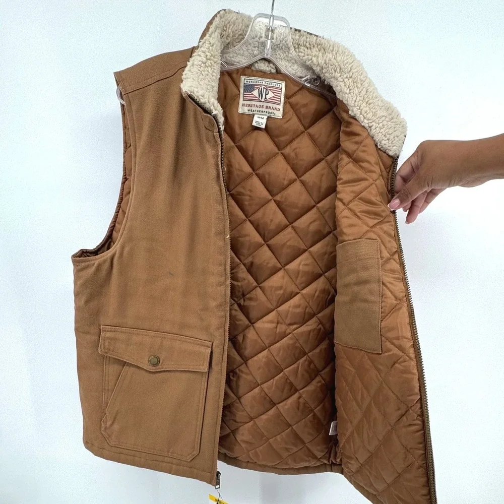 Weatherproof Canvas Workwear Vest Mens Medium Brown Sherpa Lined Quilted Utility